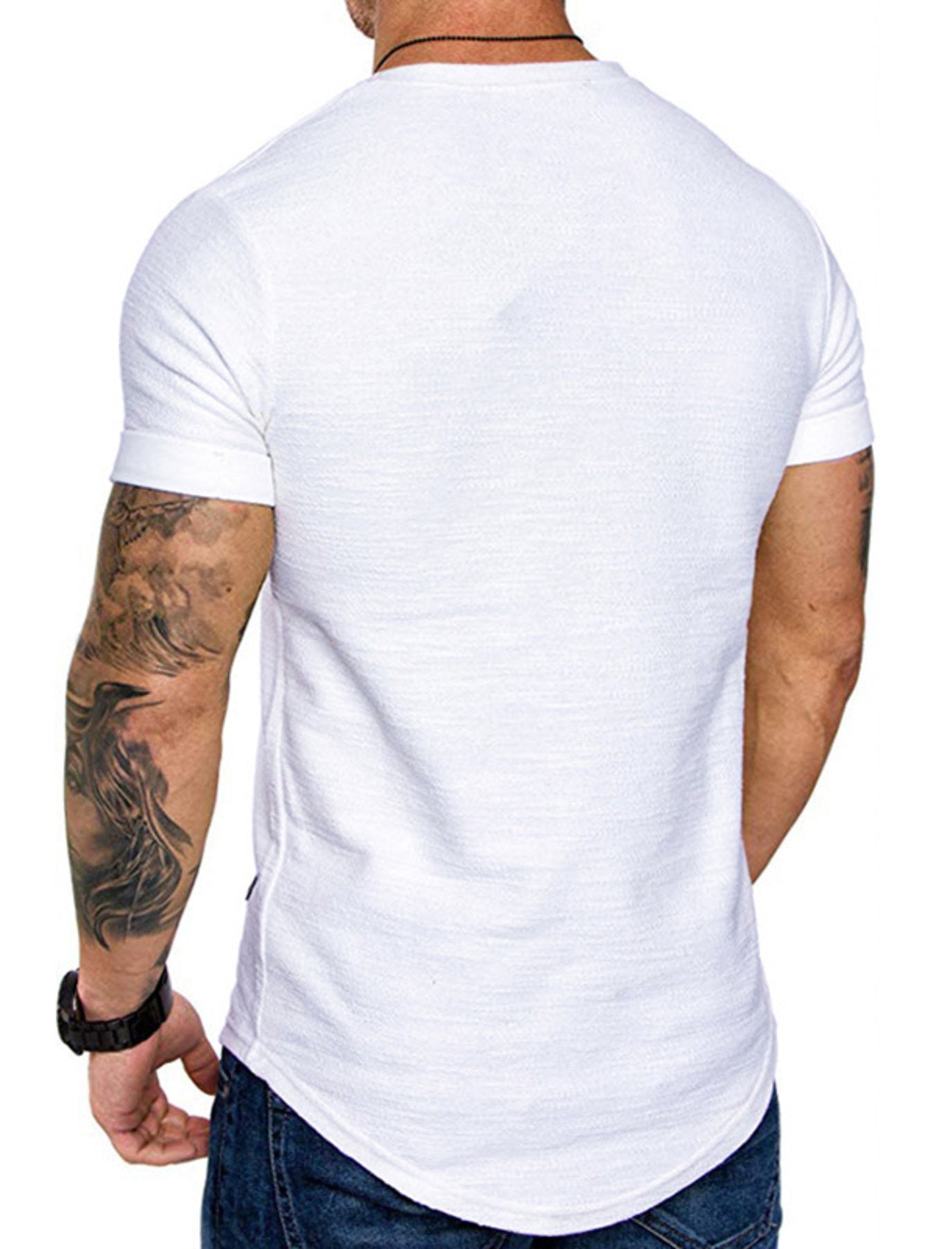 White cotton blend slim fit t-shirt with textured fabric and crew neck.