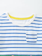 Baby dress with blue stripes, white neckline, yellow trim, and dog pocket detail.