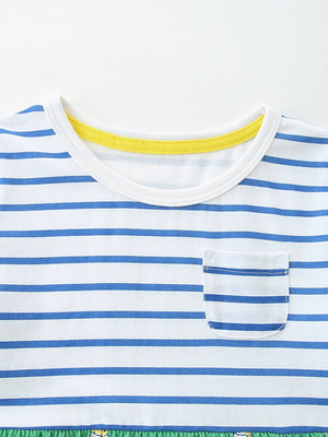 Baby dress with blue stripes, white neckline, yellow trim, and dog pocket detail.