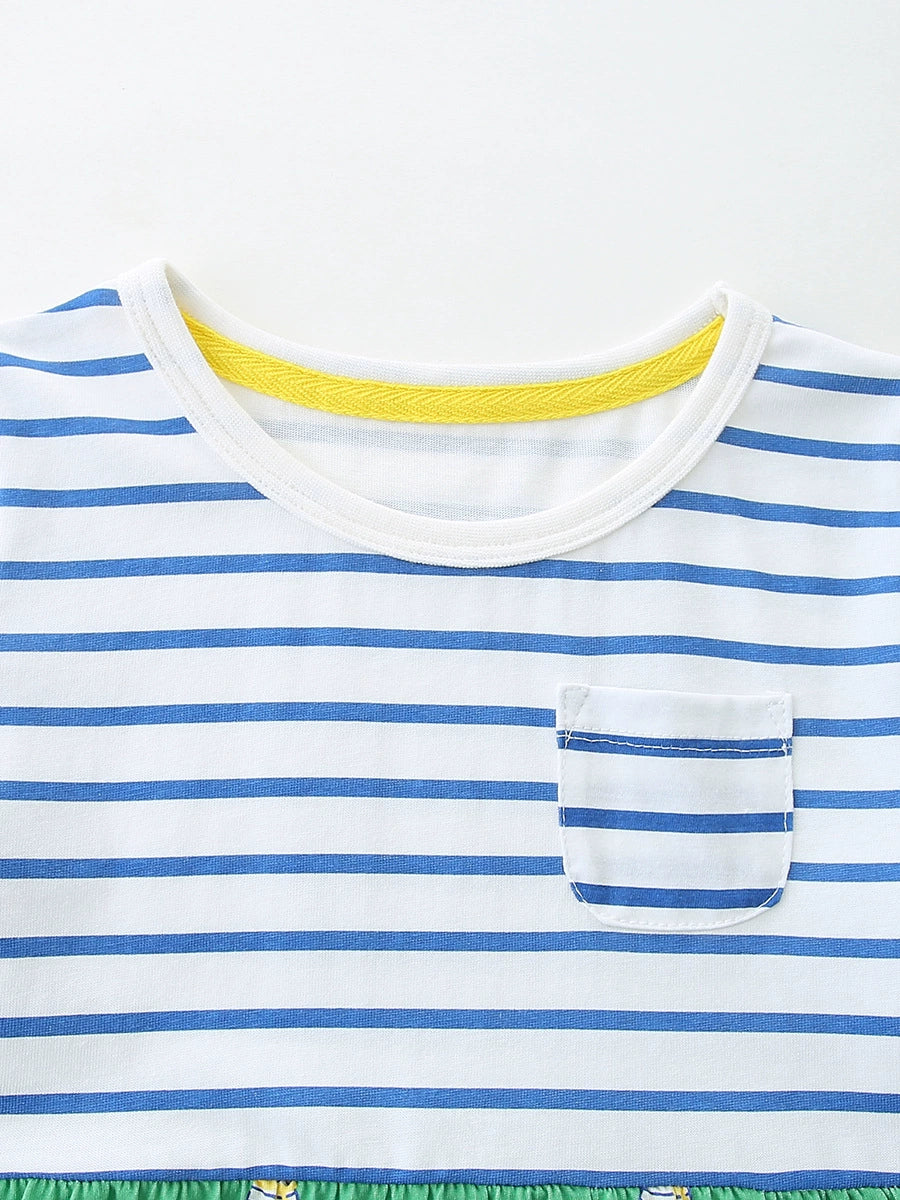 Baby dress with blue stripes, white neckline, yellow trim, and dog pocket detail.