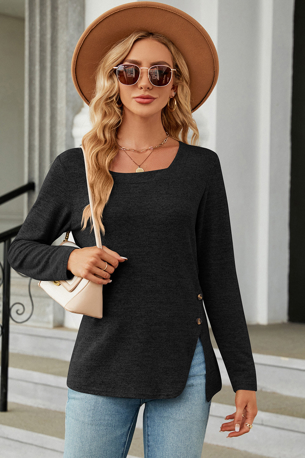 Dark gray asymmetric top with button detail and square neckline.