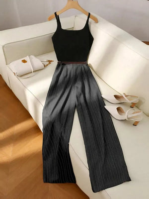 Chic sleeveless top with dark gray pinstripe wide-leg pants set.