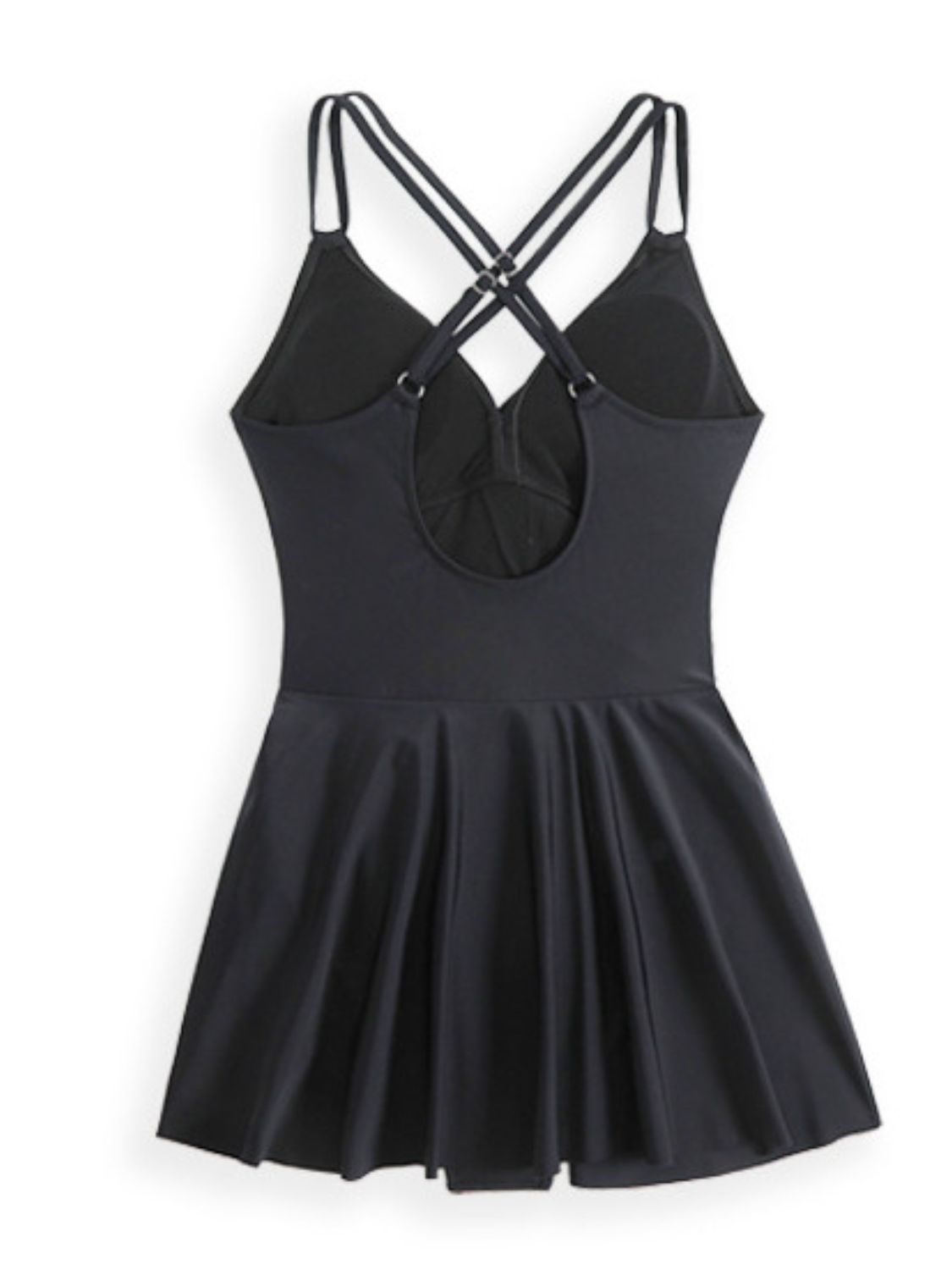 Black wrap swim dress with crisscross straps and a flared skirt.