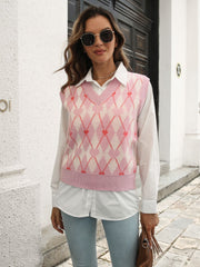 Argyle knit vest in blush pink with heart motif, V-neck, acrylic.