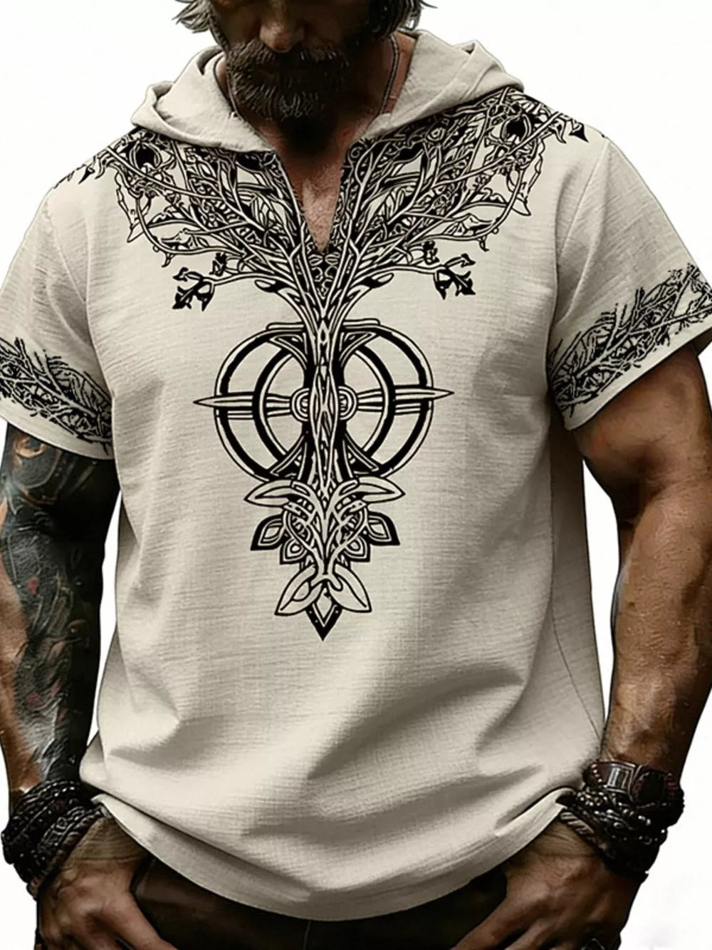 Men's Full Size Printed Hooded Short Sleeve Top in White, model styling view
