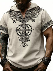 Men's Full Size Printed Hooded Short Sleeve Top in White, model styling view