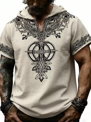 Men's Full Size Printed Hooded Short Sleeve Top in White, model styling view