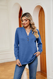 Long sleeve top in Cerulean with henley neckline and button detail