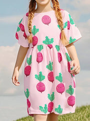 Pink cotton toddler dress with playful radish print, short sleeves, and round neckline.