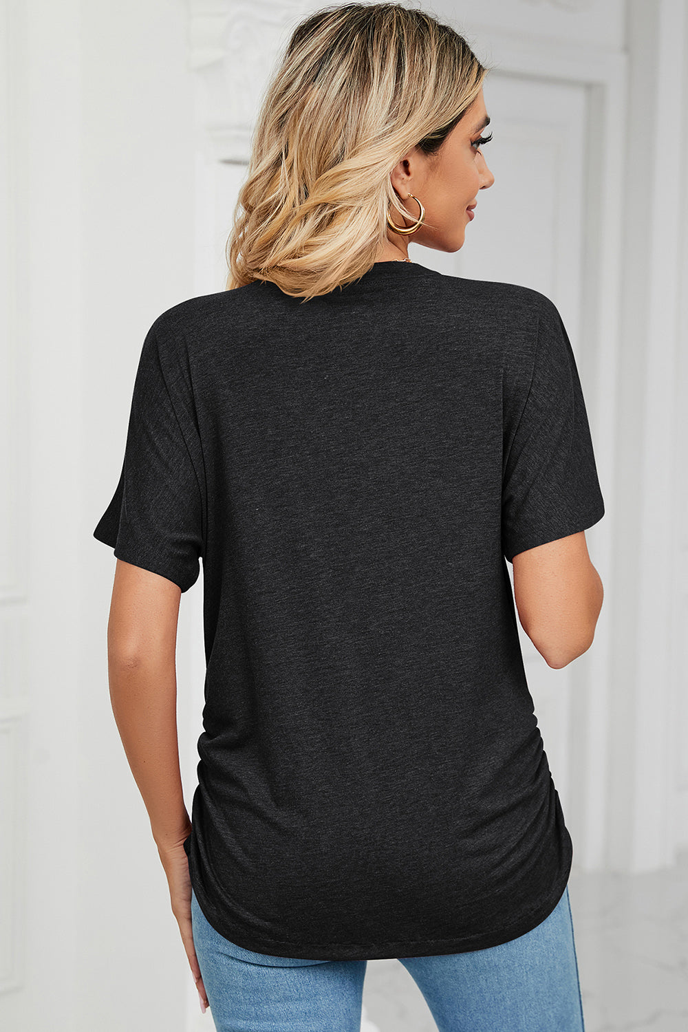 Dark Gray tee with short sleeves, V-neck, and ruched side detail.