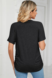 Dark Gray tee with short sleeves, V-neck, and ruched side detail.
