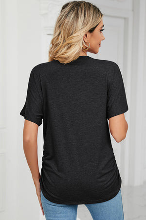Dark Gray tee with short sleeves, V-neck, and ruched side detail.