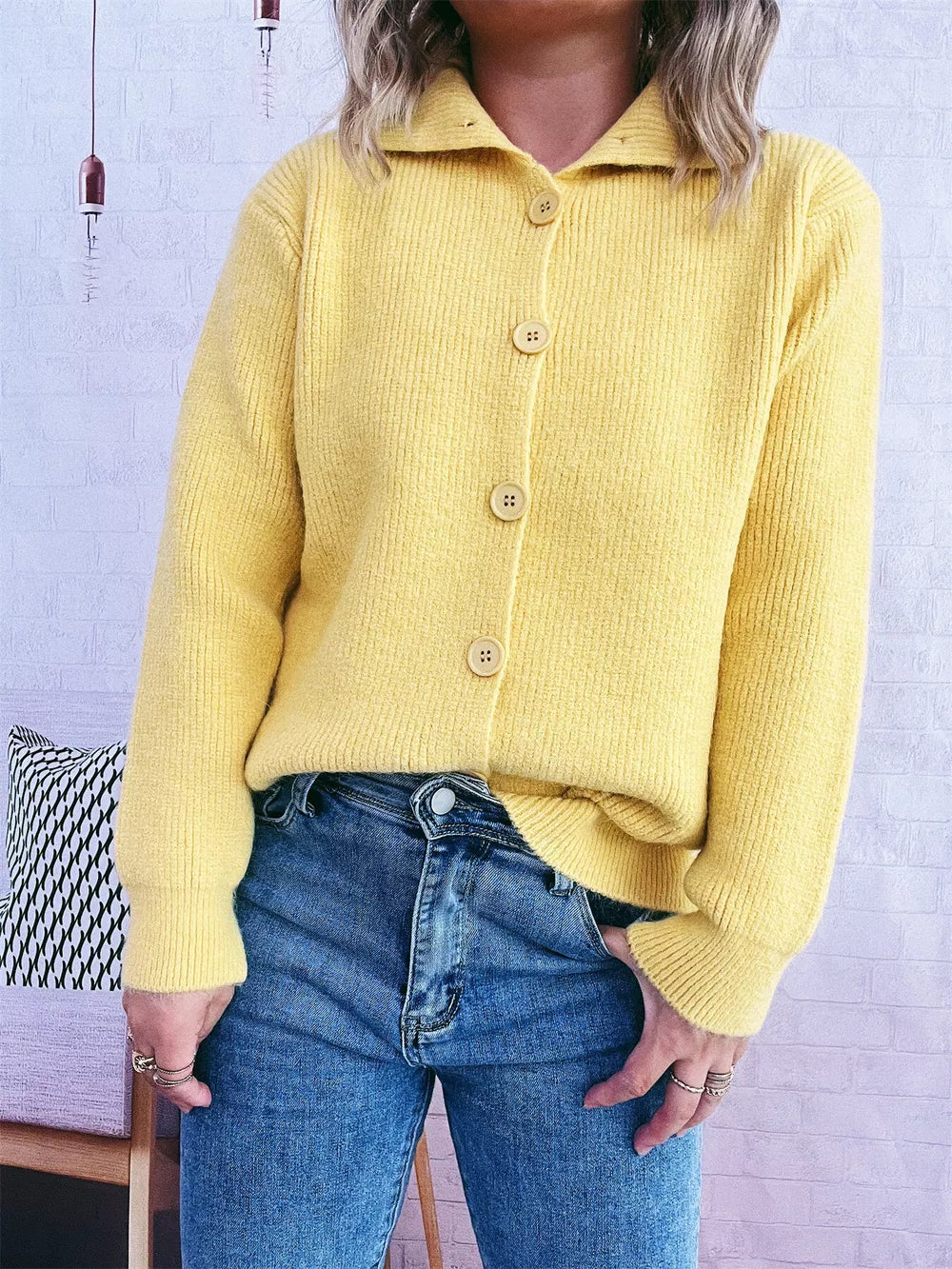 Yellow ribbed button-up cardigan with polo collar and wooden buttons