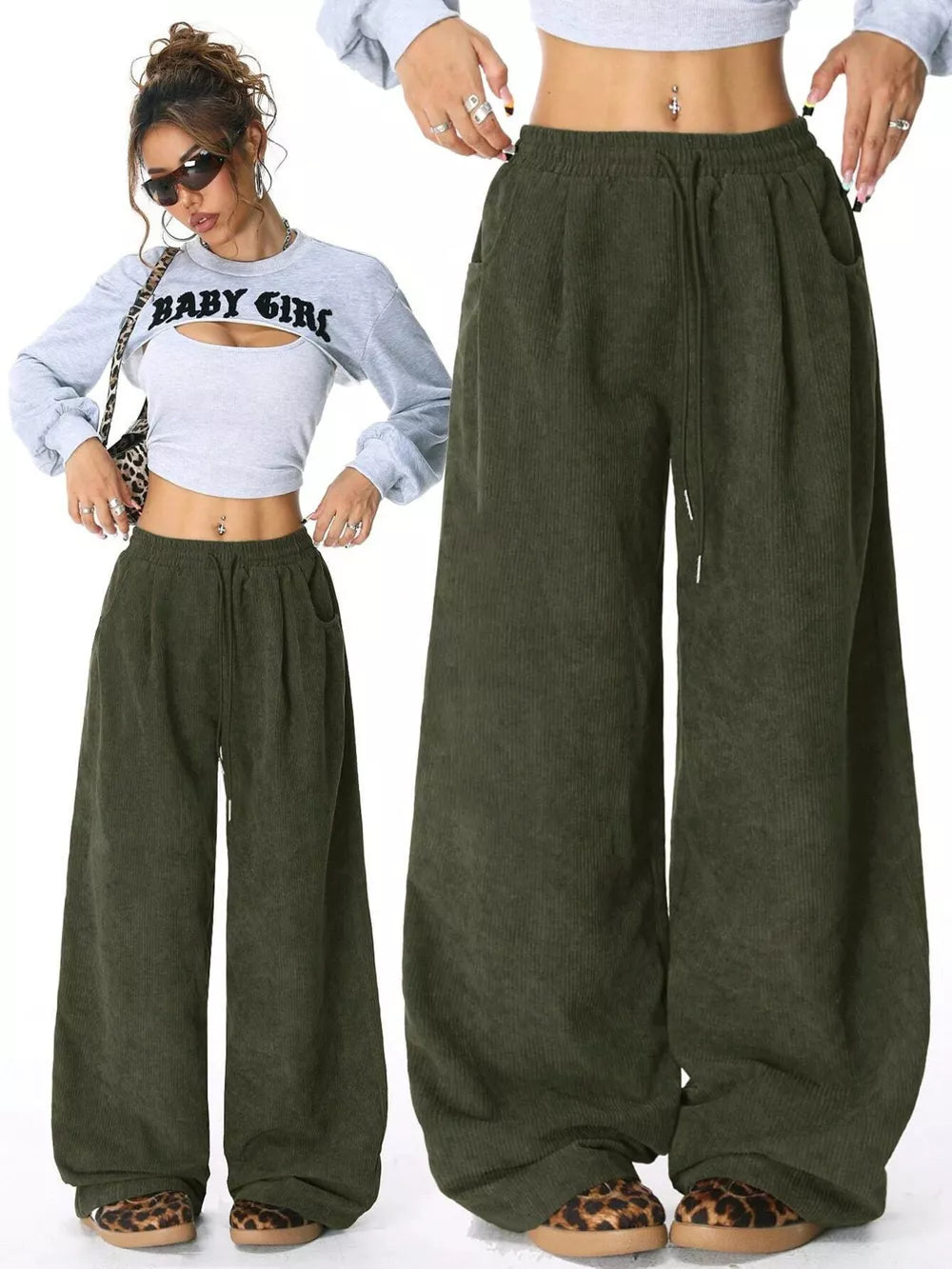 Army green corduroy wide-leg maternity pants with drawstring waist and pockets.