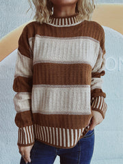 Textured stripe mock neck knit sweater in caramel and cream acrylic with ribbed details.