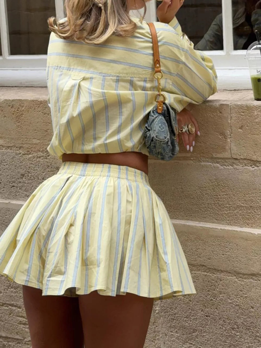 Chic Striped Two-piece Shirt And Shorts Set