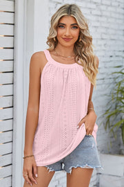 Blush pink eyelet halter tank top with a gathered neckline and casual fit.