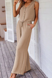 Camel button-front vest and drawstring palazzo pants set