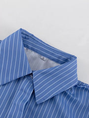 Striped Buttoned Shirt And Mini Skirt Set in Dusty Blue, back view