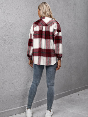 Burgundy plaid oversized button-up shirt with white and green accents.