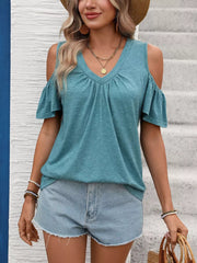 Blue-green ruched cold shoulder t-shirt with V-neck and flutter sleeves.
