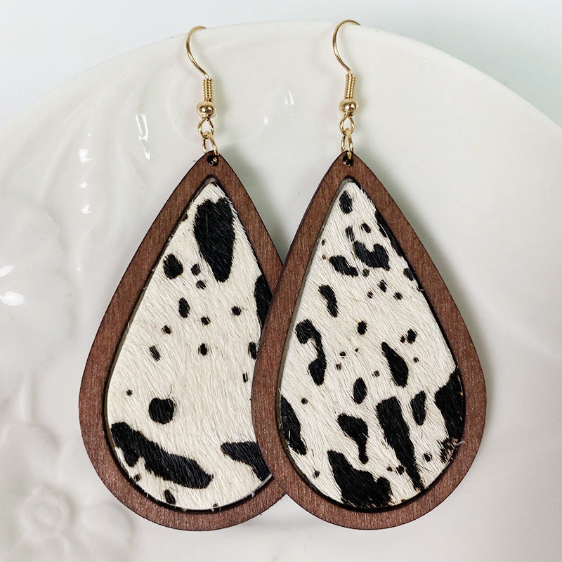 Leopard print teardrop wood earrings with gold hooks