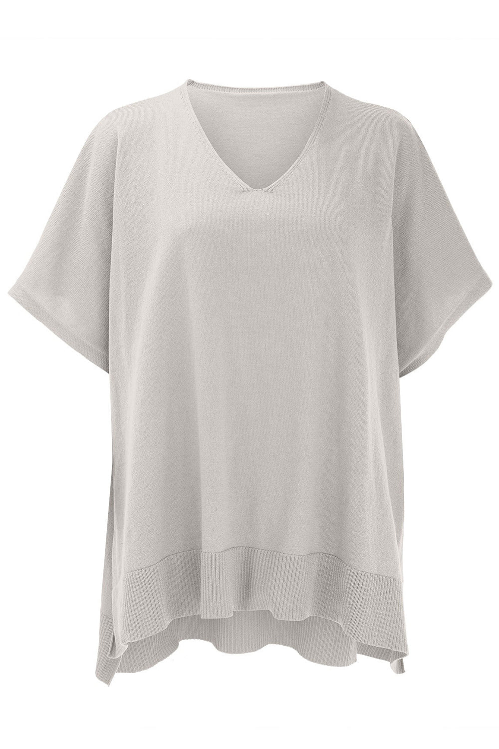 Light Gray V-neck knit poncho top with short sleeves and ribbed hem detail.