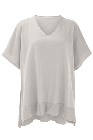 Light Gray V-neck knit poncho top with short sleeves and ribbed hem detail.