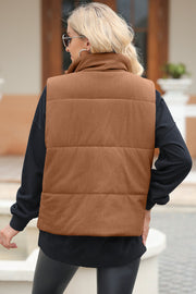 Brown corduroy padded funnel neck vest with horizontal quilting.