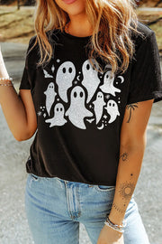 Black t-shirt with a glittery ghost graphic and bats, moons, and stars.