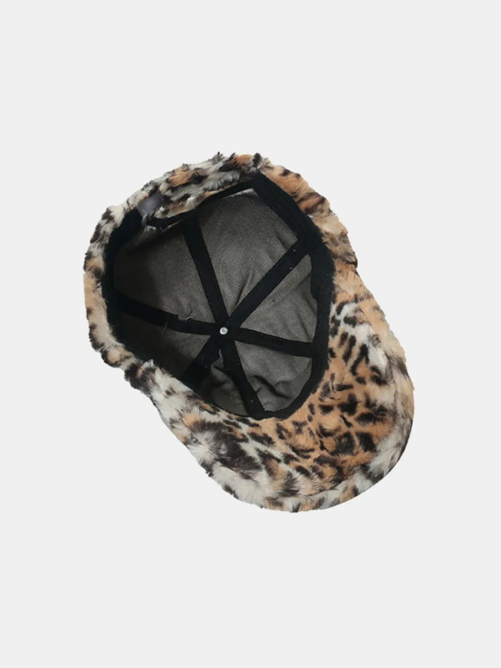 Faux fur leopard print baseball cap with black interior lining.