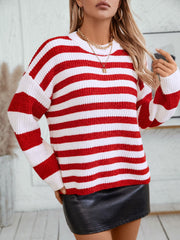 Bold stripe crewneck sweater in red and white knit with a casual fit.
