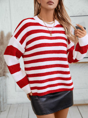 Bold stripe crewneck sweater in red and white knit with a casual fit.
