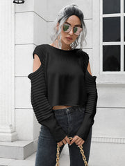 Black cold shoulder ribbed knit sweater with long sleeves