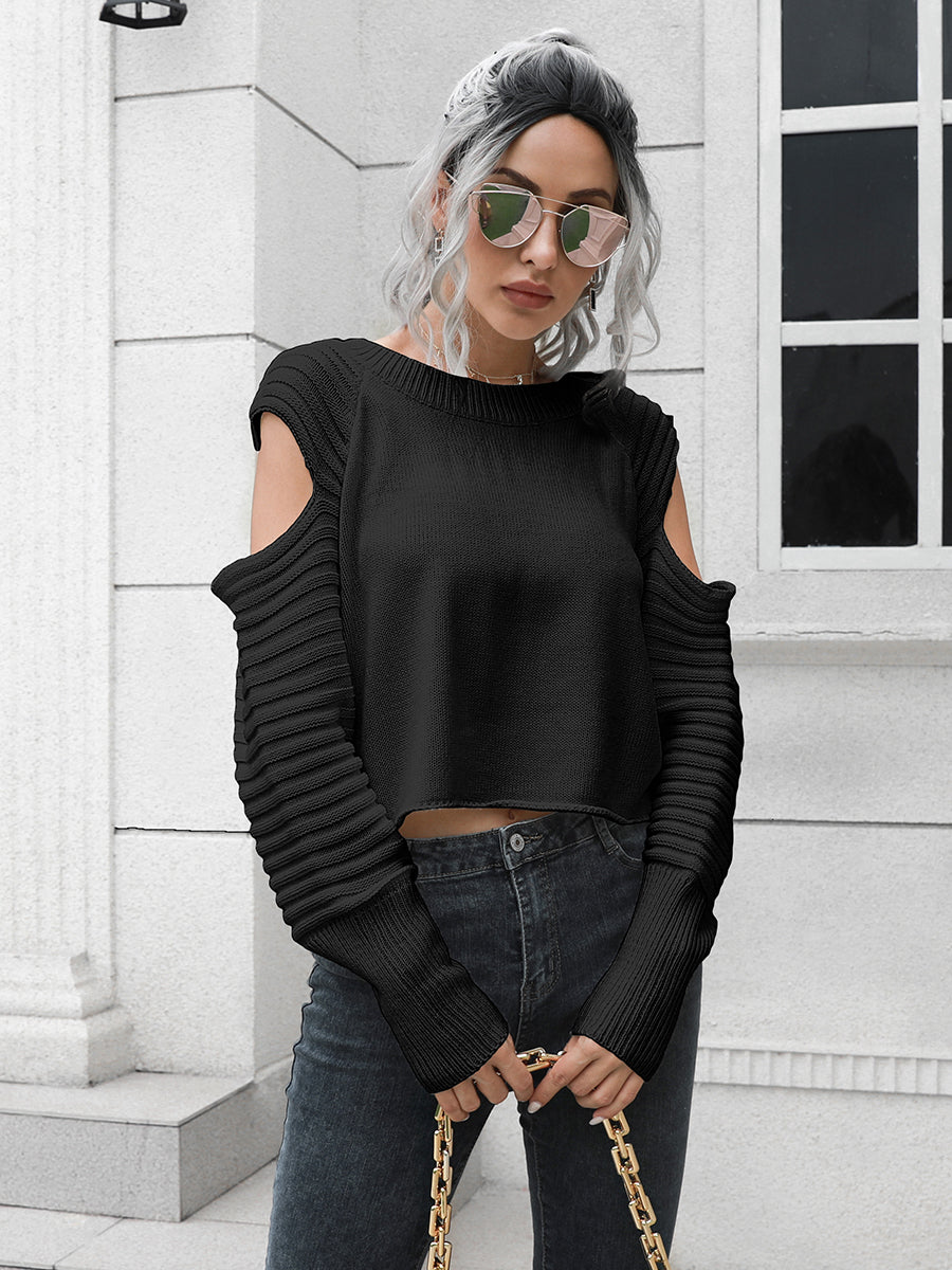 Black cold shoulder ribbed knit sweater with long sleeves