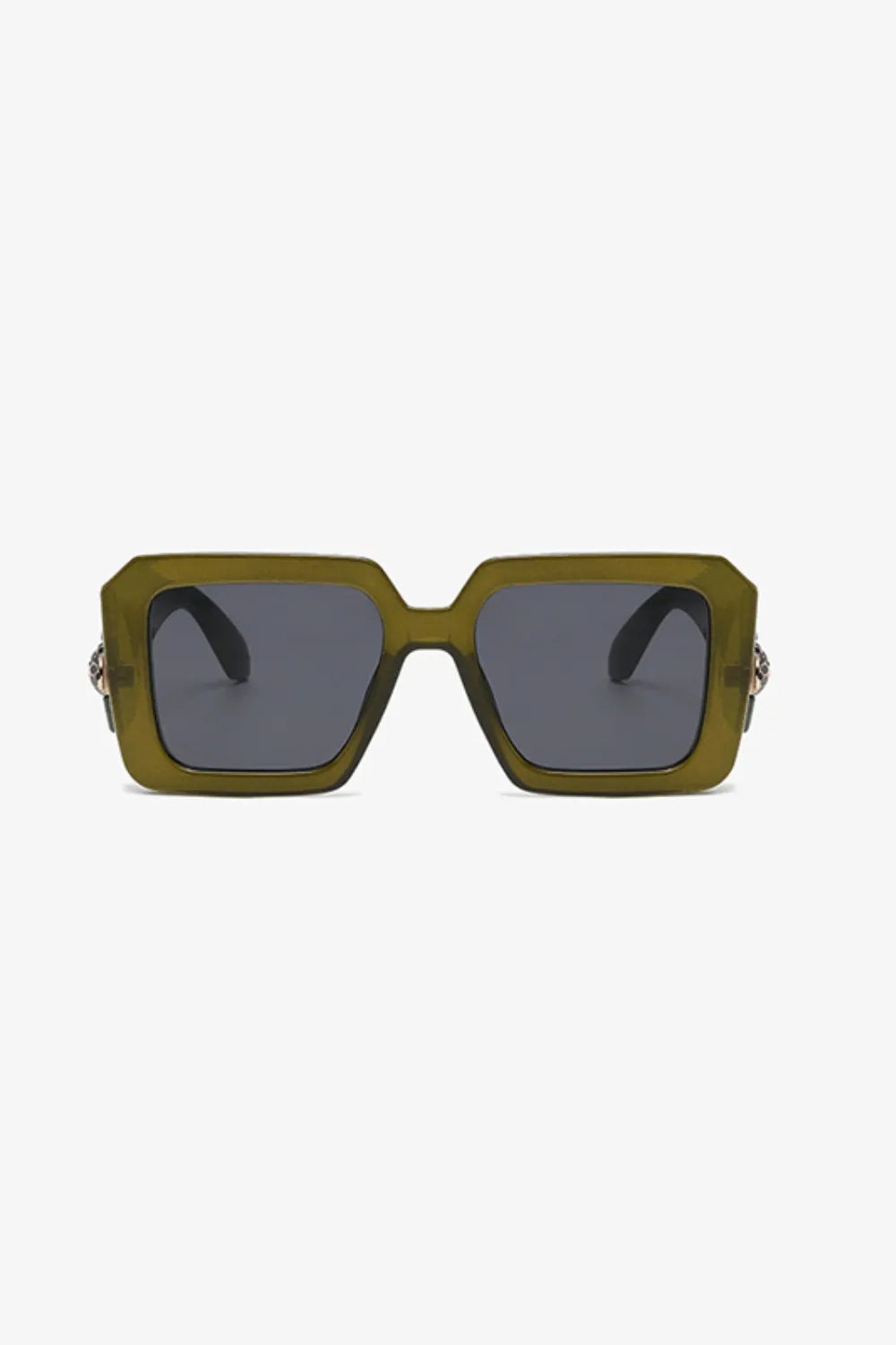 Moss geometric facet sunglasses with embellished temples and dark lenses.