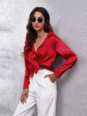 Deep Red satin finish button-up shirt with a knotted front detail.