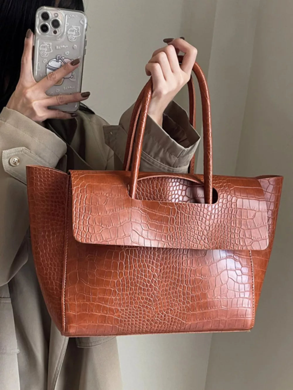 Crocodile-embossed Shoulder Bag in Brown, fabric detail