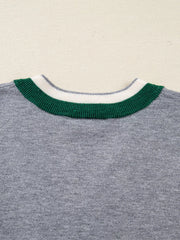 Gray ribbed sweater with green and white striped V-neck collar