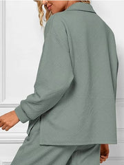 V-neck textured lounge set in sage green with a diagonal pattern.