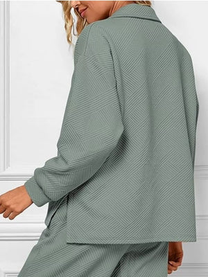 V-neck textured lounge set in sage green with a diagonal pattern.