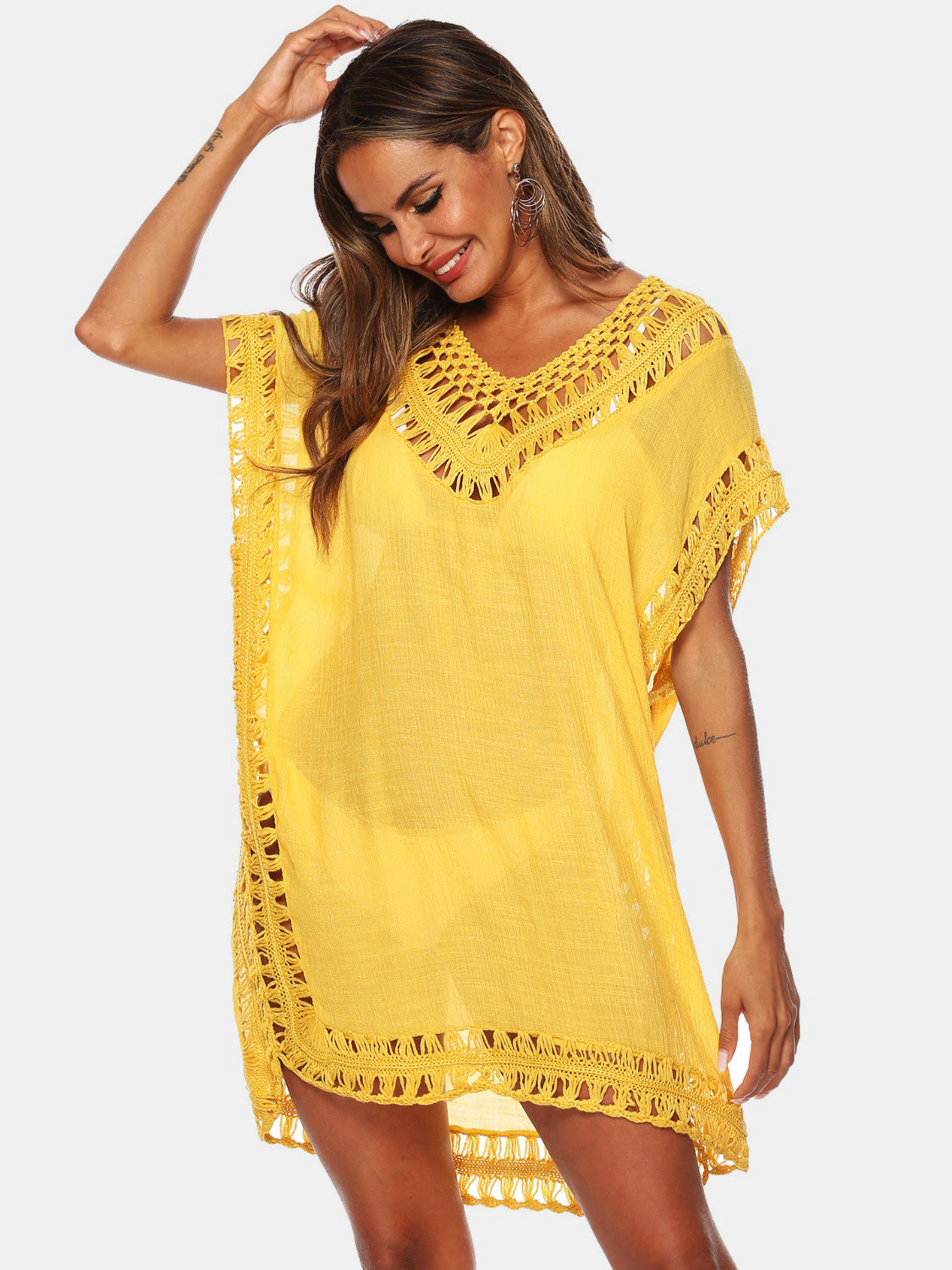 Yellow kaftan cover-up with crochet trim and V-neck