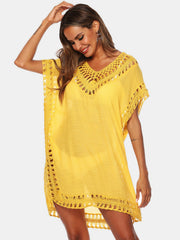 Yellow kaftan cover-up with crochet trim and V-neck
