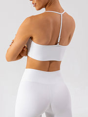White ribbed halterneck active bra with adjustable strap detail