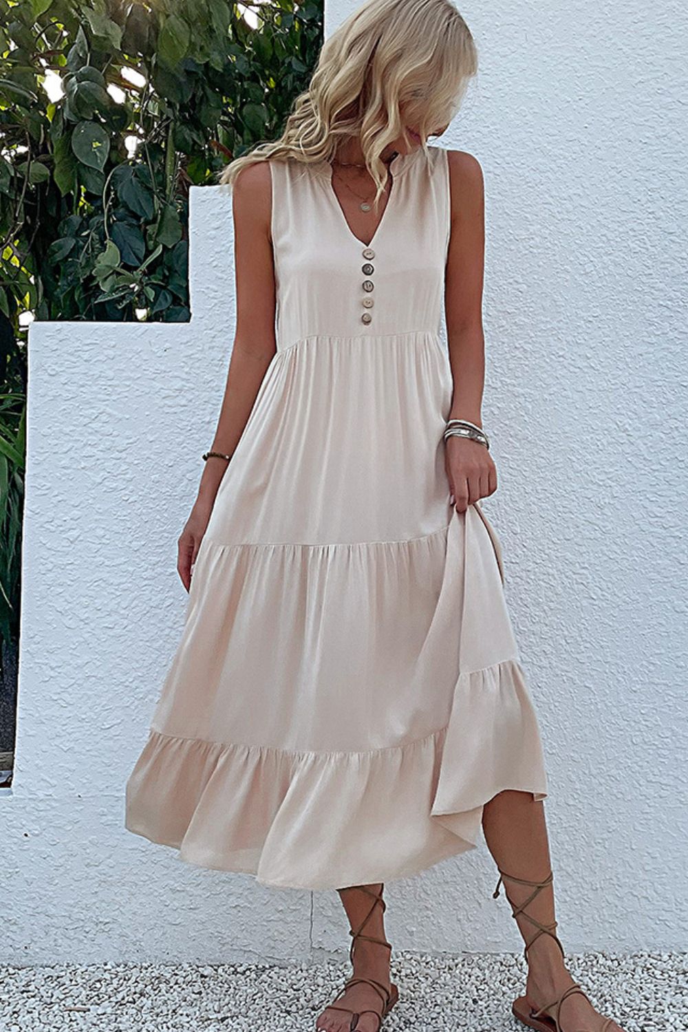 Khaki viscose button-down dress with tiered ruffle hemline and V-neck