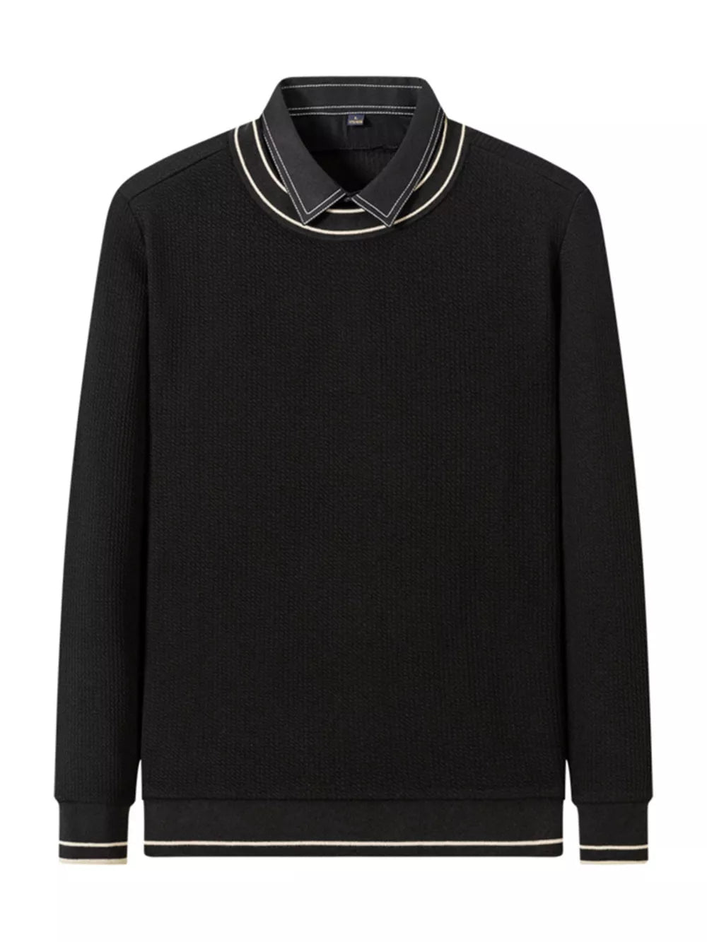 Black ribbed knit sweater with layered collar detail and striped cuffs.