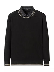 Black ribbed knit sweater with layered collar detail and striped cuffs.