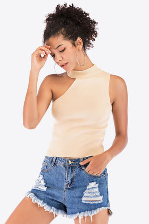 Sand asymmetric cut-out ribbed knit tank top with mock neck
