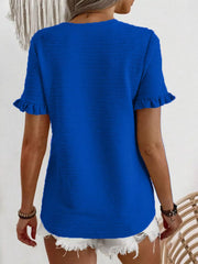 Blue textured t-shirt with ruffle short sleeves and a crew neck.