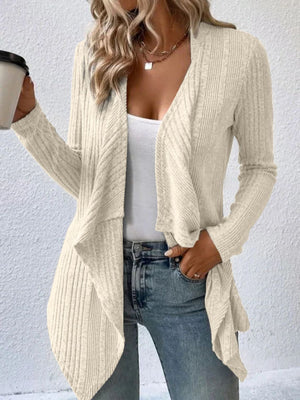 Ivory ribbed waterfall cardigan jacket with open front and long sleeves.